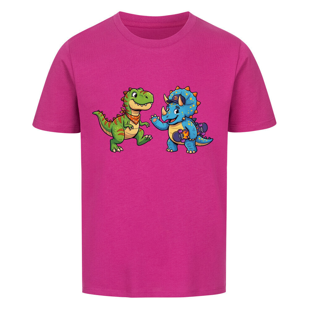 dino t-rex und triceratops motiv auf kinder shirt, bio baumwolle farbe ist lila