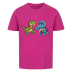 dino t-rex und triceratops motiv auf kinder shirt, bio baumwolle farbe ist lila
