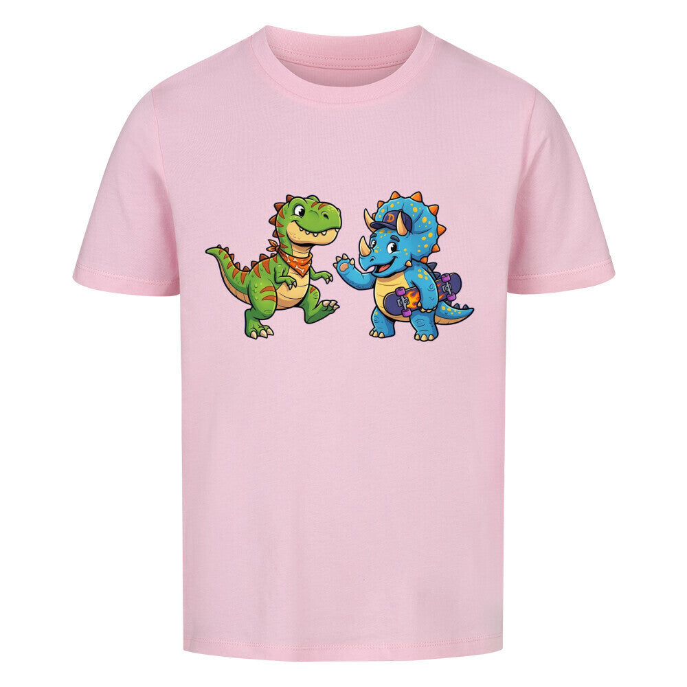 dino t-rex und triceratops motiv auf kinder shirt, bio baumwolle farbe ist pink