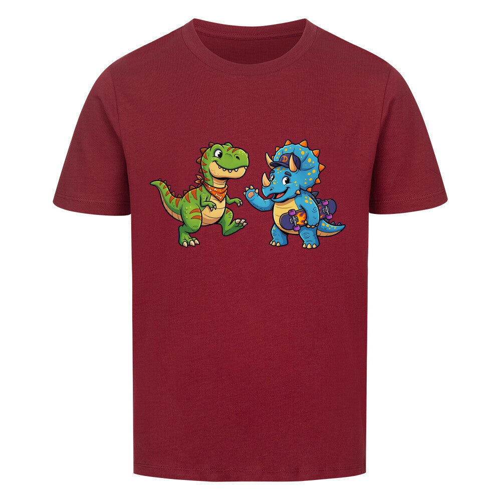 dino t-rex und triceratops motiv auf kinder shirt, bio baumwolle farbe ist rot
