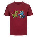 dino t-rex und triceratops motiv auf kinder shirt, bio baumwolle farbe ist rot