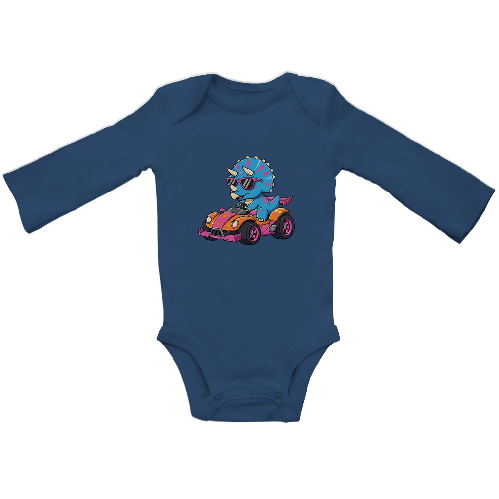 Baby Body Suite Langarm, Bio Baumwolle - Süßer Dino im Rennwagen - KinderMode Shop super angenehm Online Kaufen Bestellen Deutschland