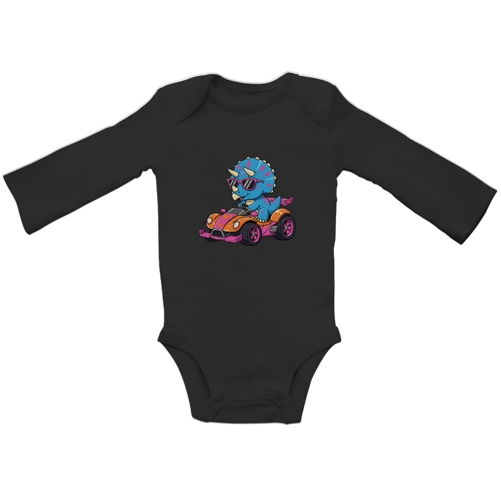 Baby Body Suite Langarm, Bio Baumwolle - Süßer Dino im Rennwagen - KinderMode Shop super angenehm Online Kaufen Bestellen Deutschland