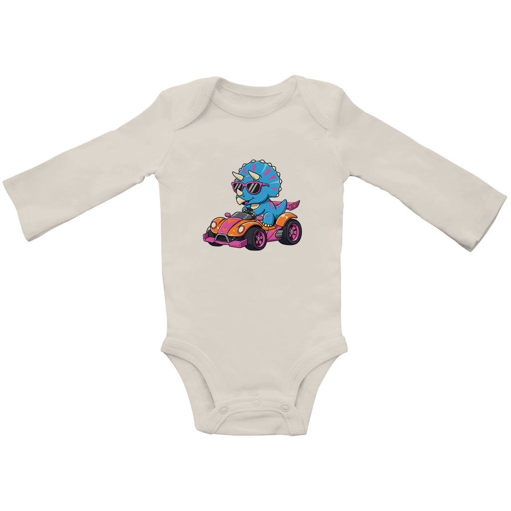 Baby Body Suite Langarm, Bio Baumwolle - Süßer Dino im Rennwagen - KinderMode Shop super angenehm Online Kaufen Bestellen Deutschland