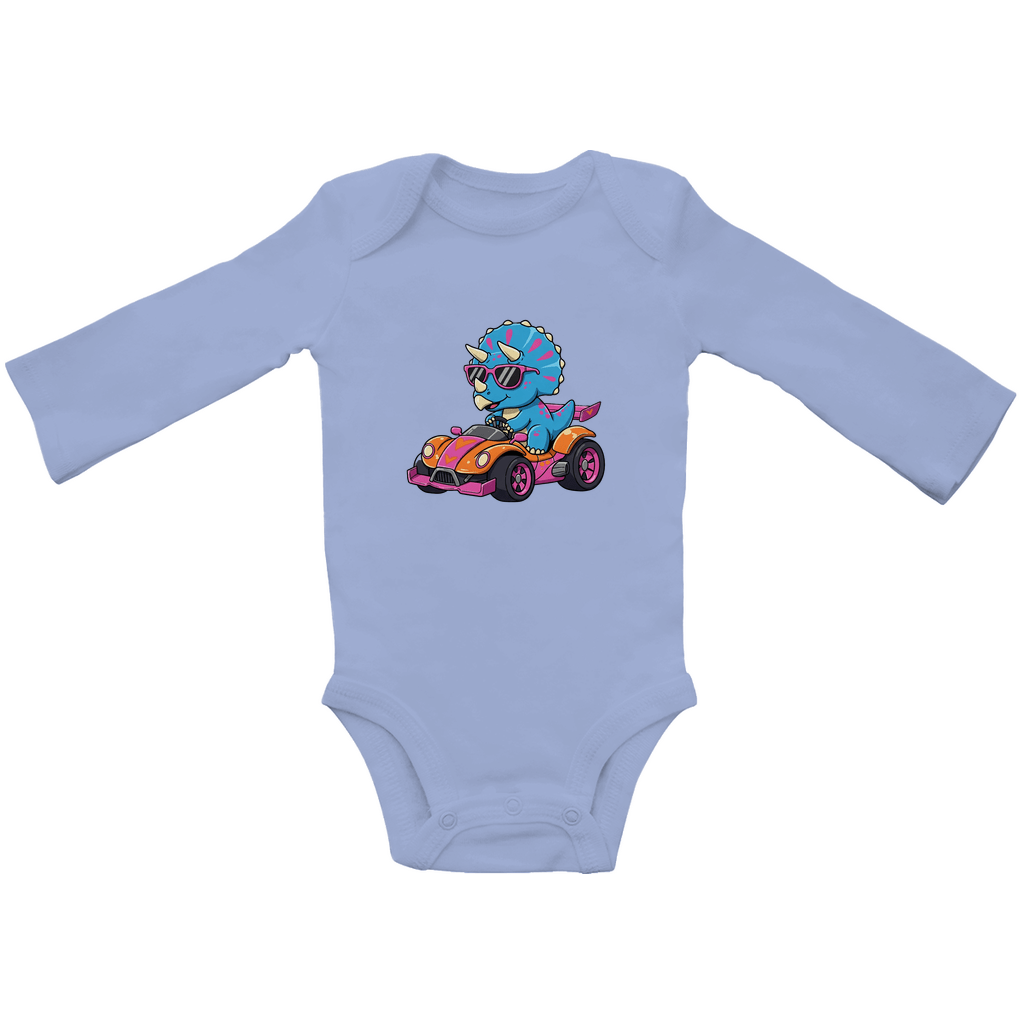 Baby Body Suite Langarm, Bio Baumwolle - Süßer Dino im Rennwagen - KinderMode Shop super angenehm Online Kaufen Bestellen Deutschland