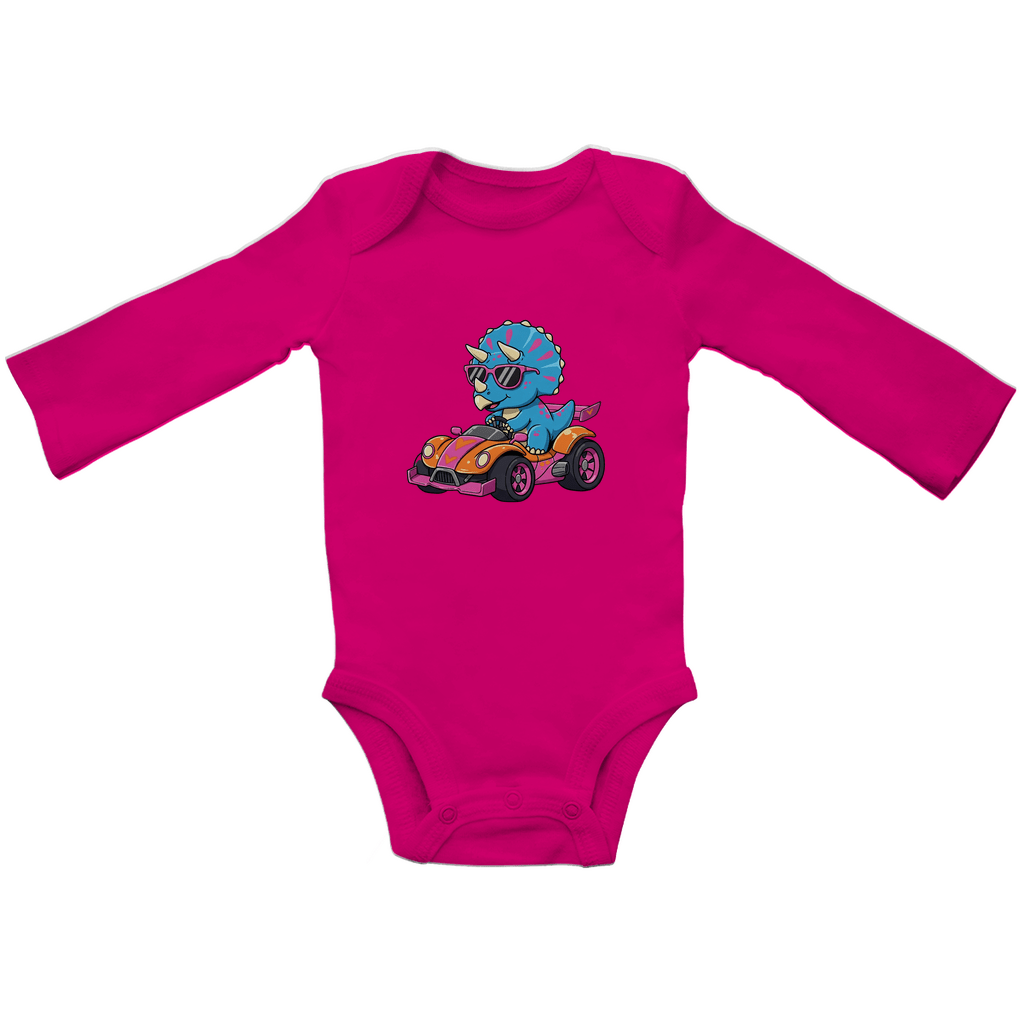 Baby Body Suite Langarm, Bio Baumwolle - Süßer Dino im Rennwagen - KinderMode Shop super angenehm Online Kaufen Bestellen Deutschland