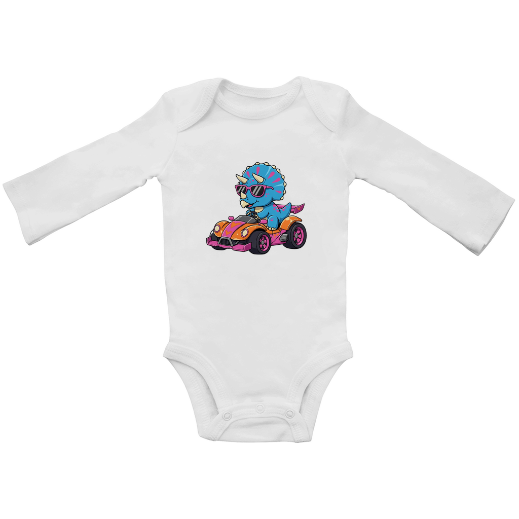 Baby Body Suite Langarm, Bio Baumwolle - Süßer Dino im Rennwagen - KinderMode Shop super angenehm Online Kaufen Bestellen Deutschland