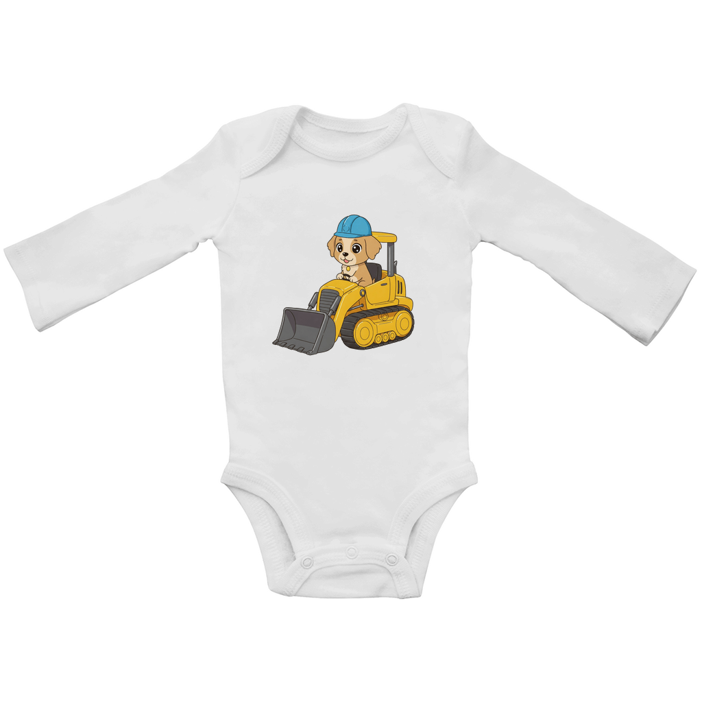 Baby Body Suite Langarm, Bio Baumwolle - Süßer Hund Bulldozer - KinderMode Shop super angenehm Online Kaufen Bestellen Deutschland