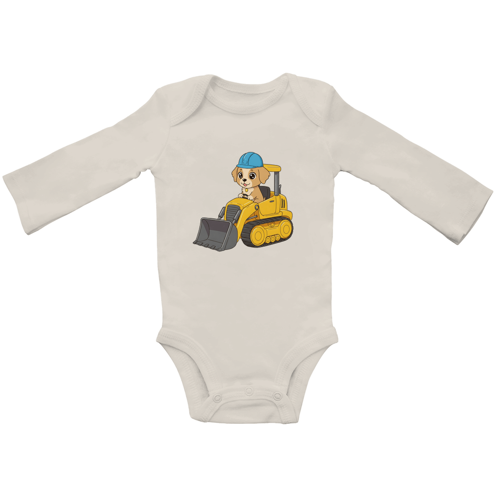 Baby Body Suite Langarm, Bio Baumwolle - Süßer Hund Bulldozer - KinderMode Shop super angenehm Online Kaufen Bestellen Deutschland