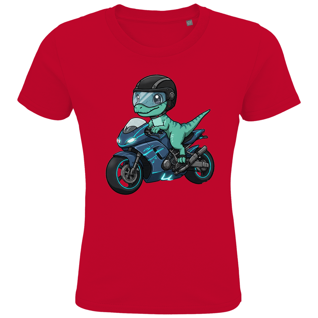 Kinder Bio T-Shirt - Dino auf Motorrad - KinderMode Shop super angenehm Online Kaufen Bestellen Deutschland