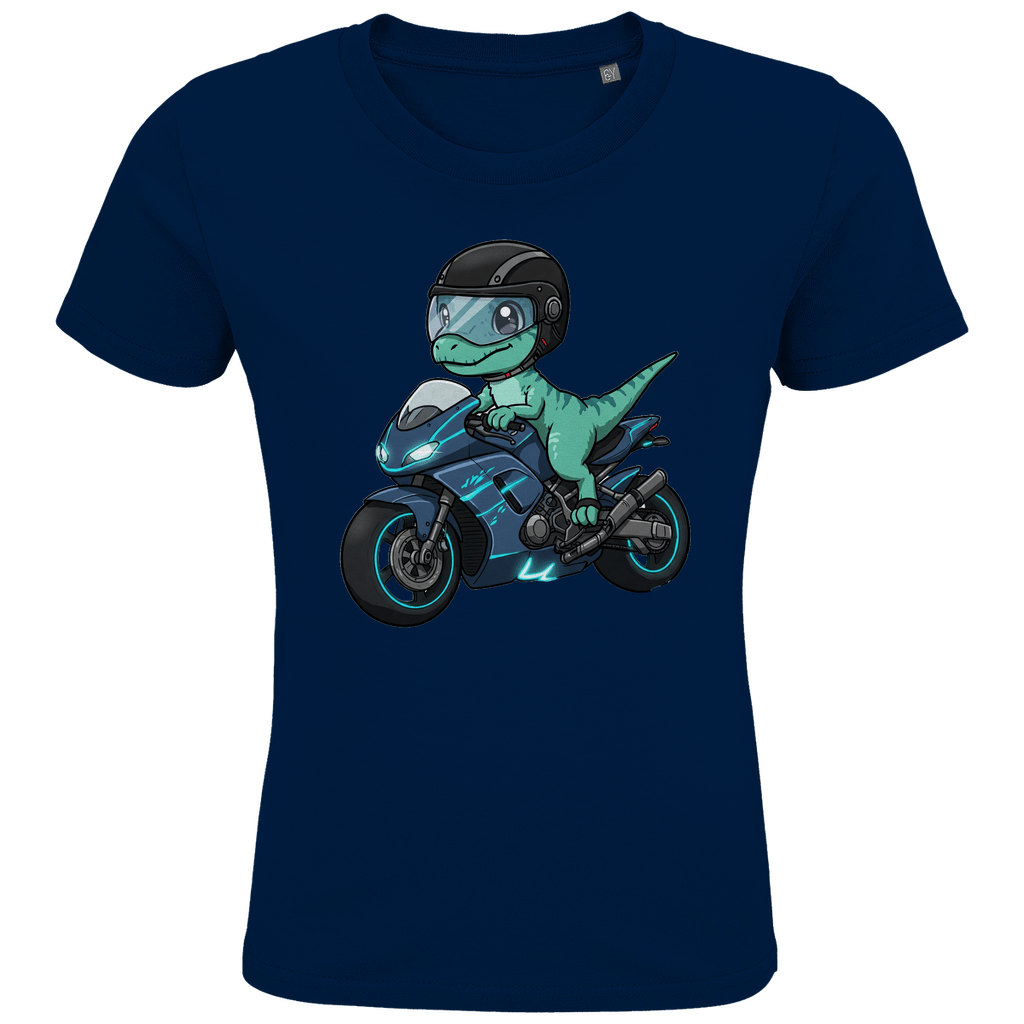Kinder Bio T-Shirt - Dino auf Motorrad - KinderMode Shop super angenehm Online Kaufen Bestellen Deutschland