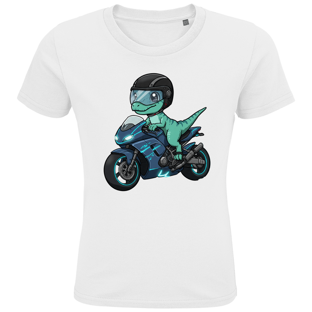 Kinder Bio T-Shirt - Dino auf Motorrad - KinderMode Shop super angenehm Online Kaufen Bestellen Deutschland