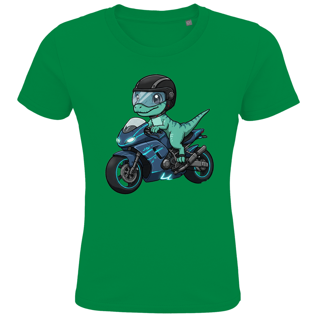 Kinder Bio T-Shirt - Dino auf Motorrad - KinderMode Shop super angenehm Online Kaufen Bestellen Deutschland