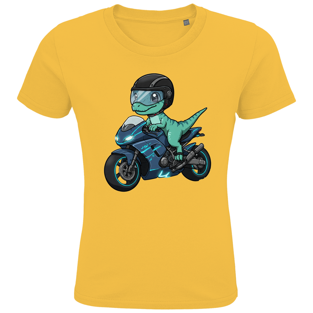 Kinder Bio T-Shirt - Dino auf Motorrad - KinderMode Shop super angenehm Online Kaufen Bestellen Deutschland