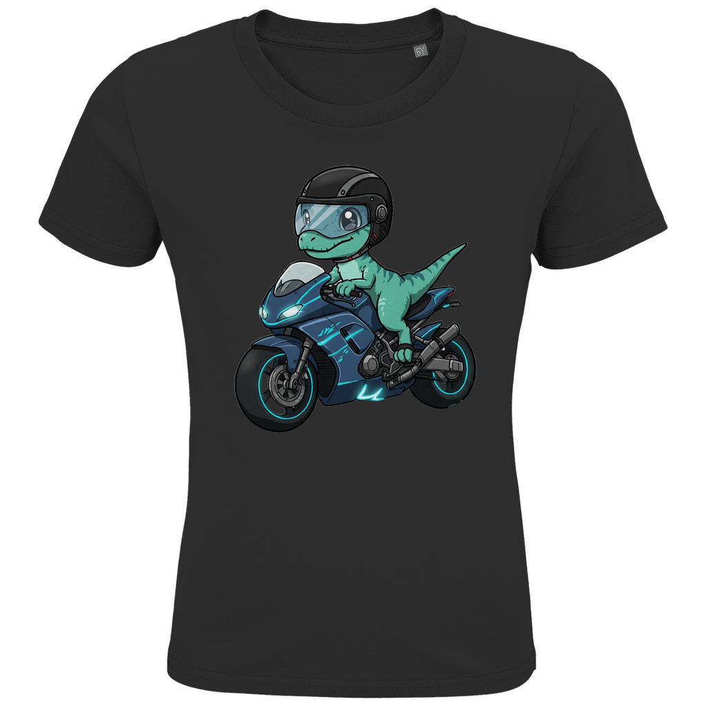 Kinder Bio T-Shirt - Dino auf Motorrad - KinderMode Shop super angenehm Online Kaufen Bestellen Deutschland