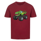 T-Rex dino Monstertruck motiv auf kinder shirt bio baumwolle dunkel rot
