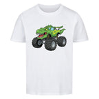 T-Rex dino Monstertruck motiv auf kinder shirt bio baumwolle weiß