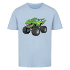 T-Rex dino Monstertruck motiv auf kinder shirt bio baumwolle hell blau