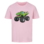 T-Rex dino Monstertruck motiv auf kinder shirt bio baumwolle pink rosa