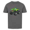T-Rex dino Monstertruck motiv auf kinder shirt bio baumwolle grau