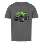 T-Rex dino Monstertruck motiv auf kinder shirt bio baumwolle grau