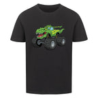 T-Rex dino Monstertruck motiv auf kinder shirt bio baumwolle schwarz