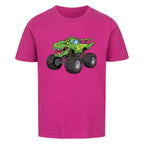 T-Rex dino Monstertruck motiv auf kinder shirt bio baumwolle pink