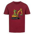 Dinosaurier fährt Bagger - Bio Kinder T-Shirt Dino Bauarbeiter Motiv dunkel rot