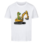 Dinosaurier fährt Bagger - Bio Kinder T-Shirt Dino Bauarbeiter Motiv weiß