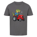 Dino T-Rex fährt Traktor - Bio Kinder T-Shirt Bauernhof Motiv
grau