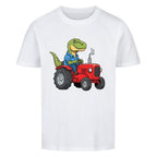 Dino T-Rex fährt Traktor - Bio Kinder T-Shirt Bauernhof Motiv
weiß