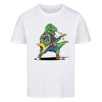 Dino T-Rex spielt E-Gitarre - Bio Kinder T-Shirt Rockstar Motiv
weiß