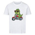 Kinder T-Shirt Premium Bio Baumwolle - Dino auf Motorrad online bestellen kaufen