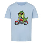 Kinder T-Shirt Premium Bio Baumwolle - Dino auf Motorrad online bestellen kaufen