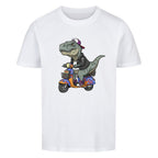 Dino T-Rex fährt Roller - Bio Kinder T-Shirt mit Scooter Motiv
weiß