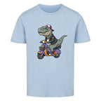 Dino T-Rex fährt Roller - Bio Kinder T-Shirt mit Scooter Motiv
hell blau