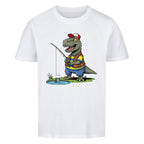 Dino T-Rex beim Angeln - Bio Kinder T-Shirt mit Angel Motiv
weiß